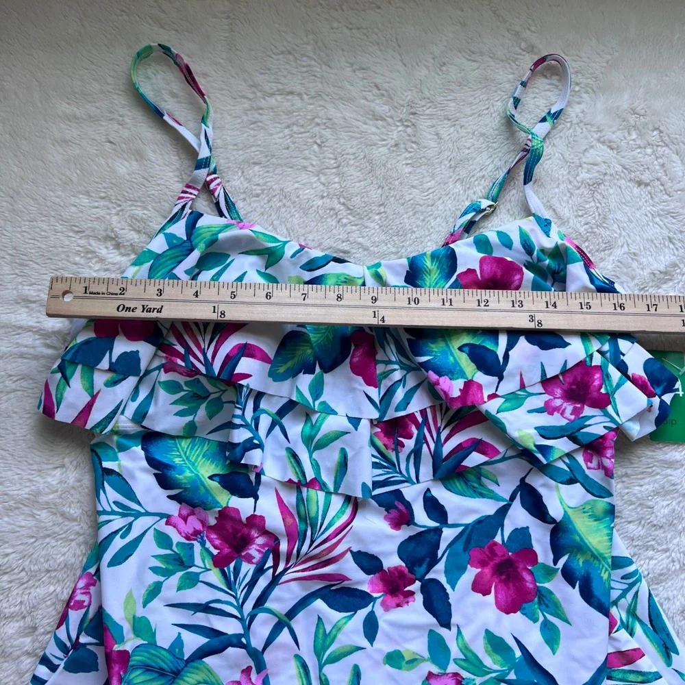 Riviera Womens Swim Tropical Floral Ruffle Tankini Top White Pink Green Large